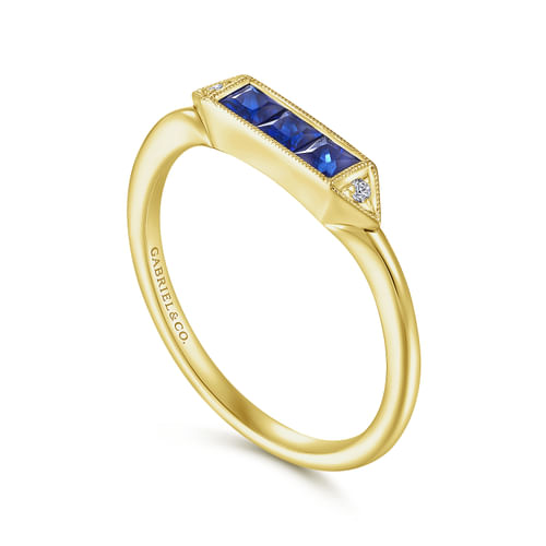 14K Yellow Gold Diamond and Trio Princess Cut Sapphire Ladies Ring