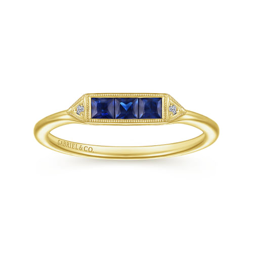 14K Yellow Gold Diamond and Trio Princess Cut Sapphire Ladies Ring