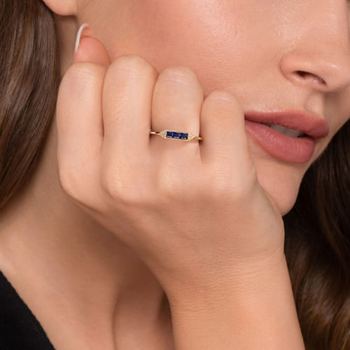14K Yellow Gold Diamond and Trio Princess Cut Sapphire Ladies Ring
