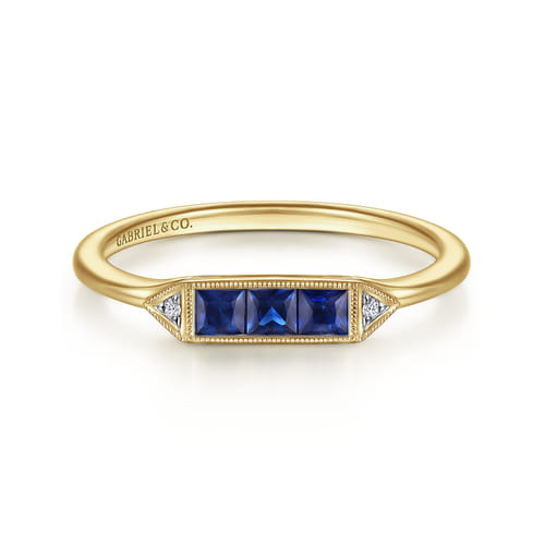 14K Yellow Gold Diamond and Trio Princess Cut Sapphire Promise Ring