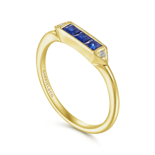 14K Yellow Gold Diamond and Trio Princess Cut Sapphire Promise Ring