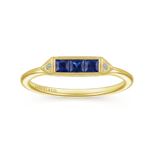 14K Yellow Gold Diamond and Trio Princess Cut Sapphire Promise Ring