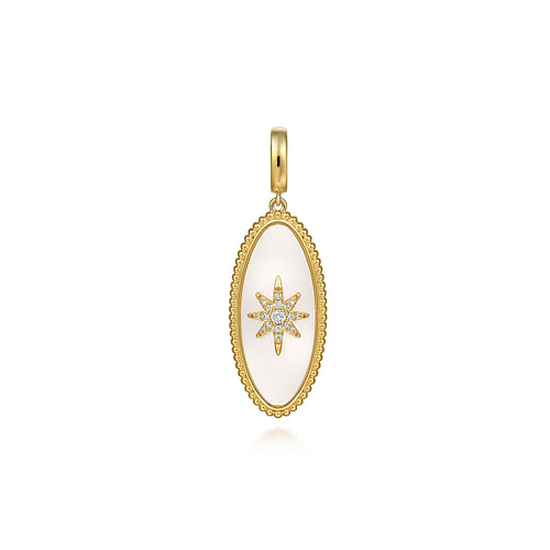 14K Yellow Gold Diamond and White Mother of Pearl Bujukan Oval Shape Medallion Pendant