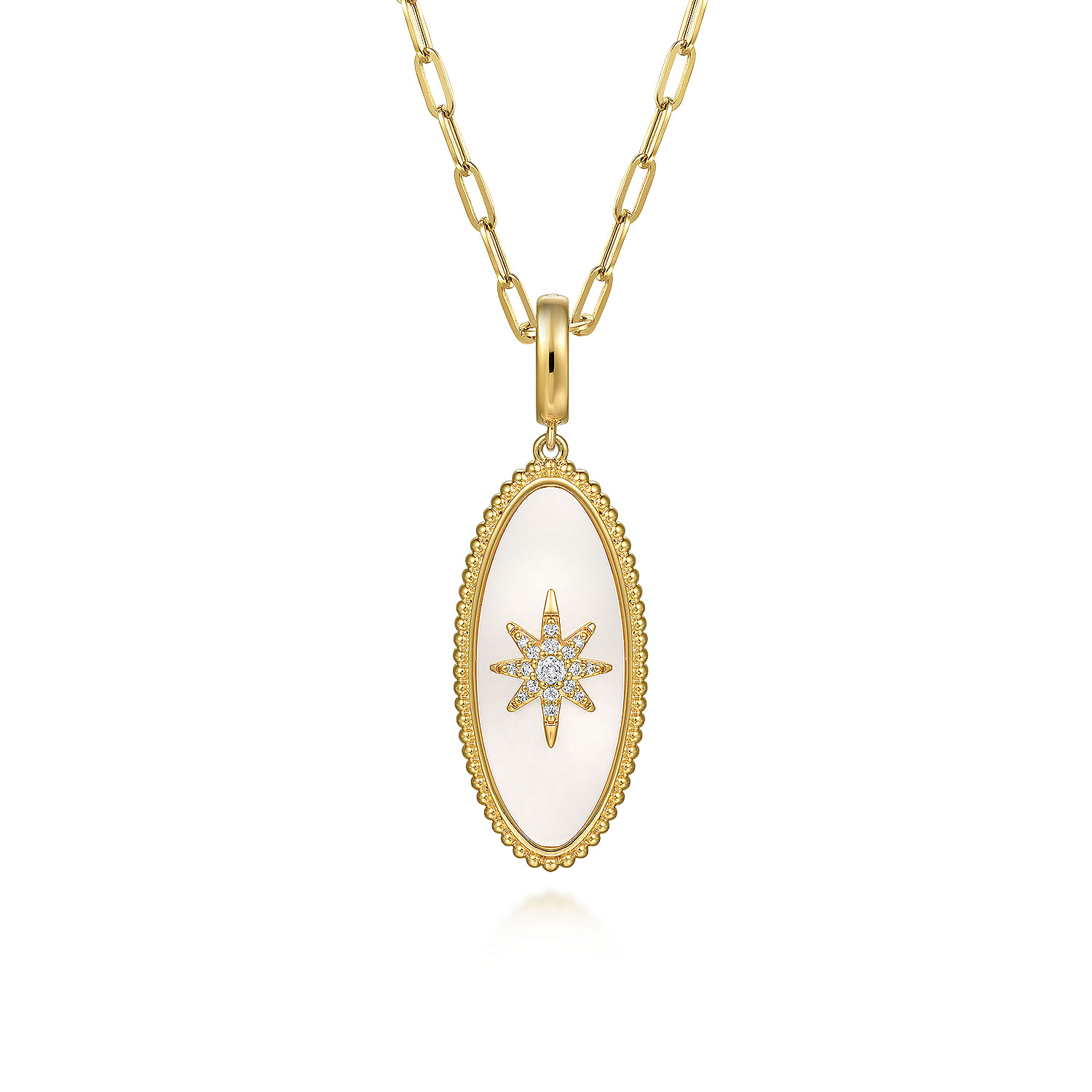 14K Yellow Gold Diamond and White Mother of Pearl Bujukan Oval Shape Medallion Pendant