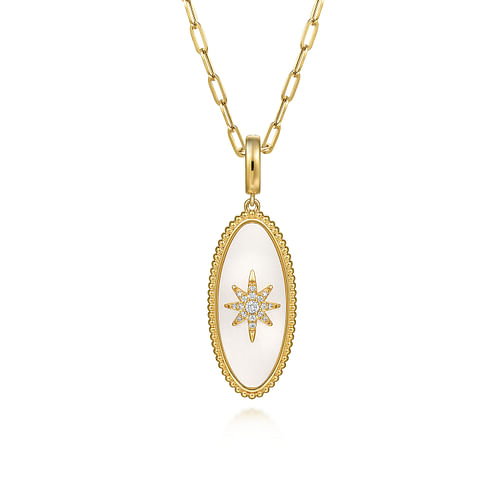 14K Yellow Gold Diamond and White Mother of Pearl Bujukan Oval Shape Medallion Pendant