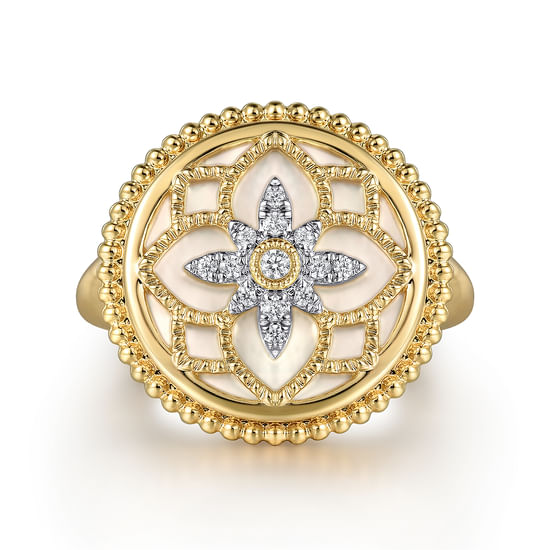 Gabriel - 14K Yellow Gold Diamonds and White Mother of Pearl Bujukan Signet Ring