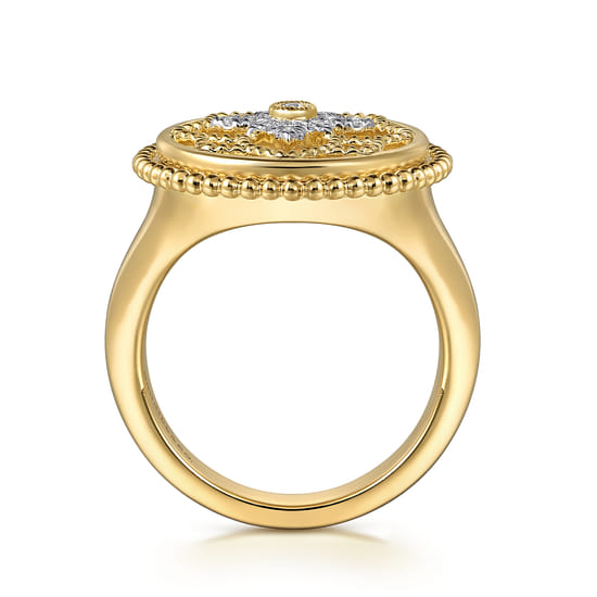 14K Yellow Gold Diamonds and White Mother of Pearl Bujukan Signet Ring angle 2
