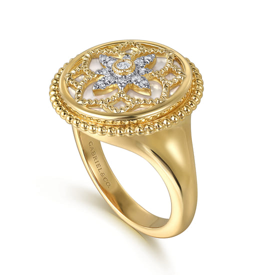 14K Yellow Gold Diamonds and White Mother of Pearl Bujukan Signet Ring angle 3