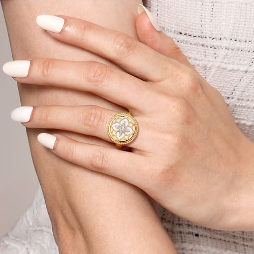 14K Yellow Gold Diamonds and White Mother of Pearl Bujukan Signet Ring