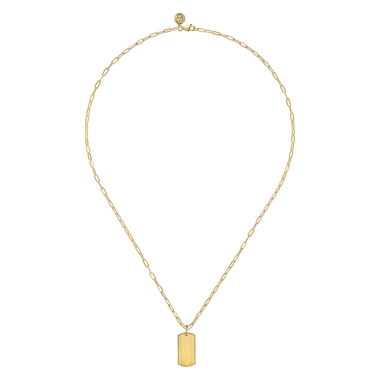 14K Yellow Gold Dog Tag Pendant Hollow Chain Necklace angle 2