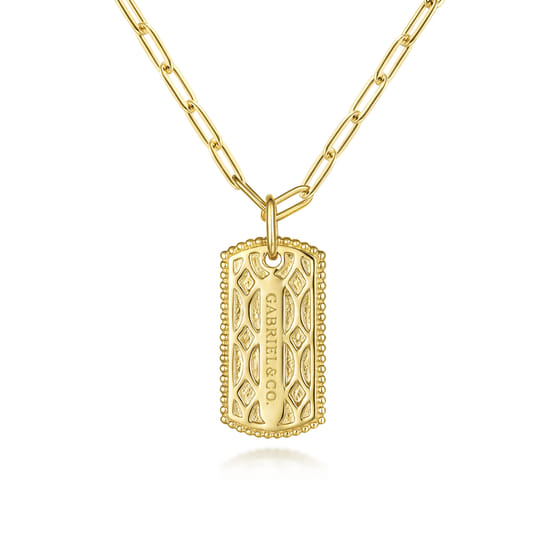 14K Yellow Gold Dog Tag Pendant Hollow Chain Necklace angle 3