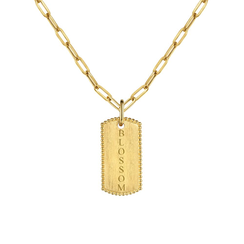 14K Yellow Gold Dog Tag Pendant Hollow Chain Necklace