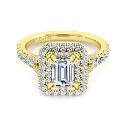 14K Yellow Gold Double Halo Emerald Cut Diamond Engagement Ring
