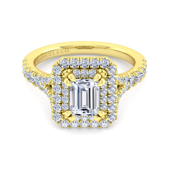 Gabriel - 14K Yellow Gold Double Halo Emerald Cut Diamond Engagement Ring