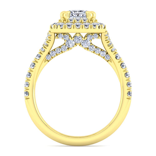14K Yellow Gold Double Halo Emerald Cut Diamond Engagement Ring