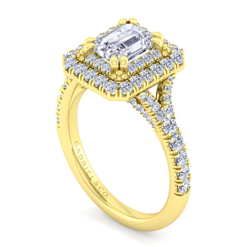 14K Yellow Gold Double Halo Emerald Cut Diamond Engagement Ring