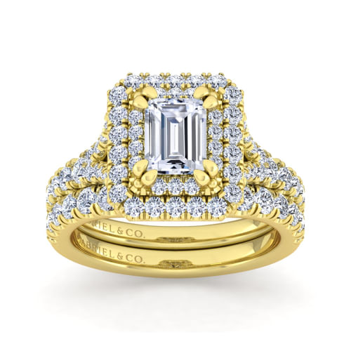 14K Yellow Gold Double Halo Emerald Cut Diamond Engagement Ring