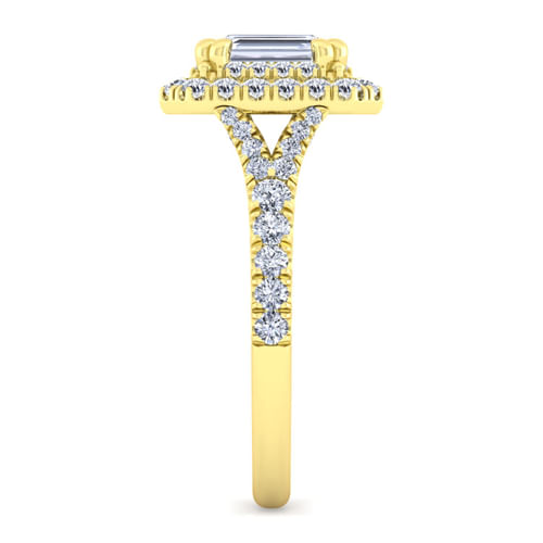 14K Yellow Gold Double Halo Emerald Cut Diamond Engagement Ring