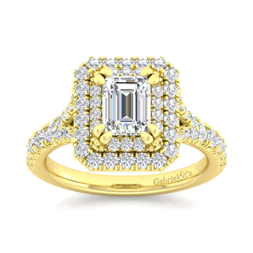 14K Yellow Gold Double Halo Emerald Cut Diamond Engagement Ring