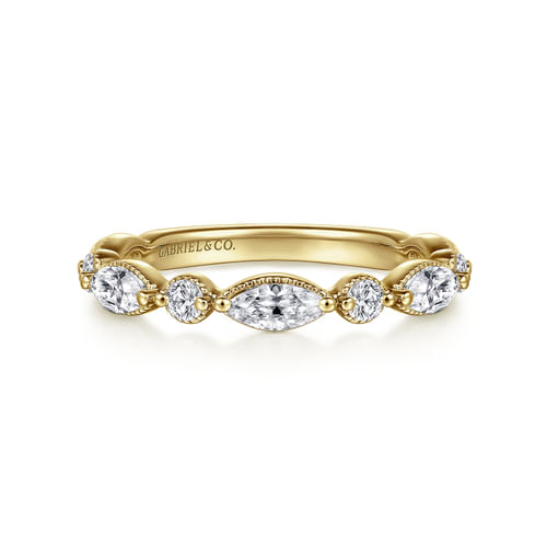 14K Yellow Gold Double Prongs Marquise and Round Diamond Anniversary Band