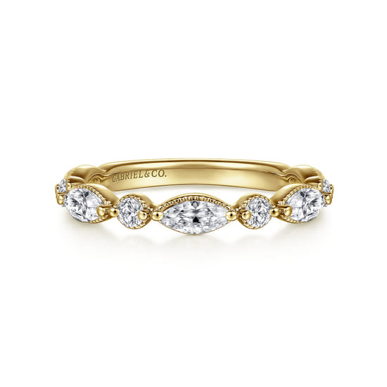 14K Yellow Gold Double Prongs Marquise and Round Diamond Anniversary Band