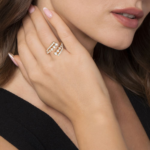 14K Yellow Gold Double Row Diamond Bypass Ladies Ring
