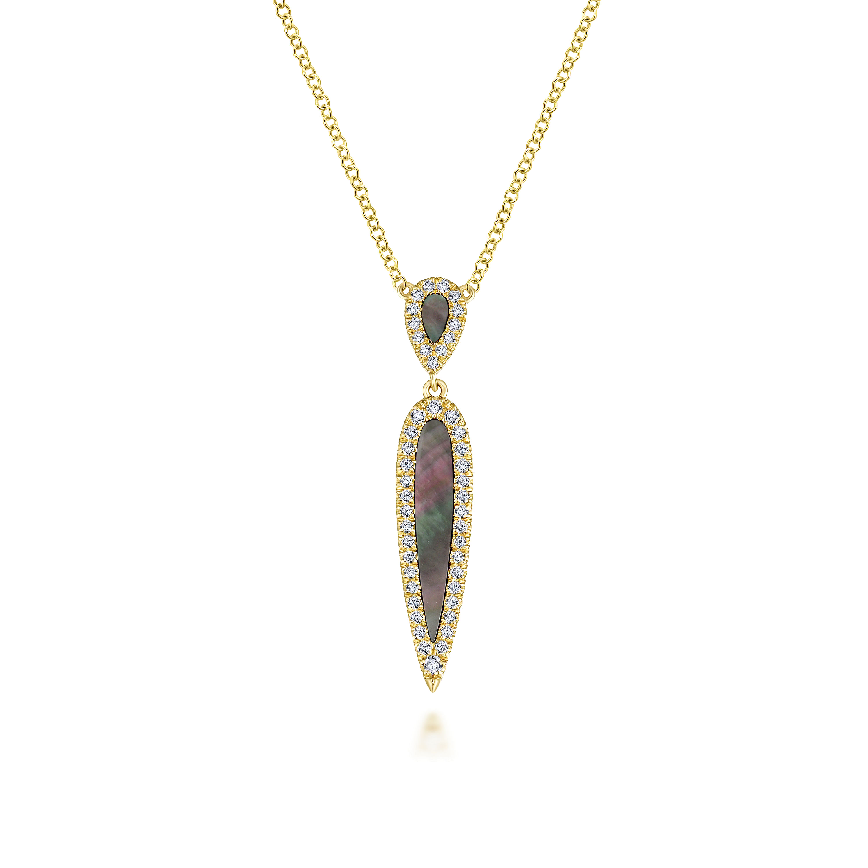 14K Yellow Gold Elongated Black Mother Of Pearl and Diamond Pendant Necklace