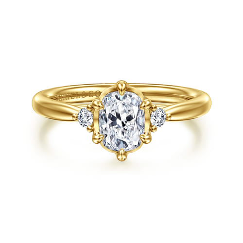 14K Yellow Gold Elongated Cushion Three Stone Diamond Engagement Ring