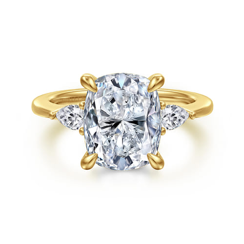 14K Yellow Gold Elongated Cushion Three Stone Diamond Engagement Ring