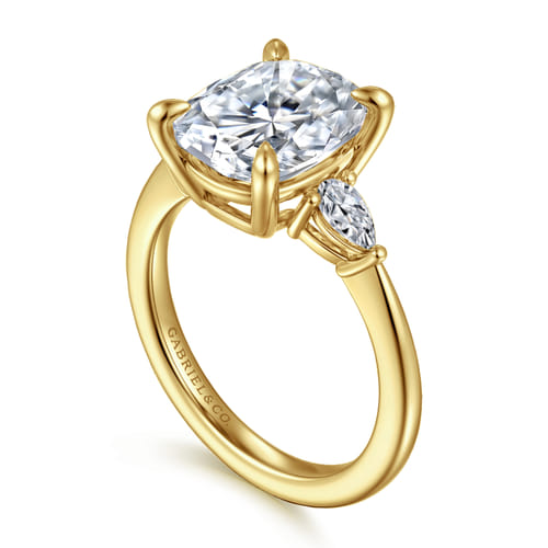 14K Yellow Gold Elongated Cushion Three Stone Diamond Engagement Ring