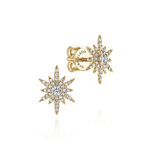 14K Yellow Gold Elongated Diamond Starburst Earrings