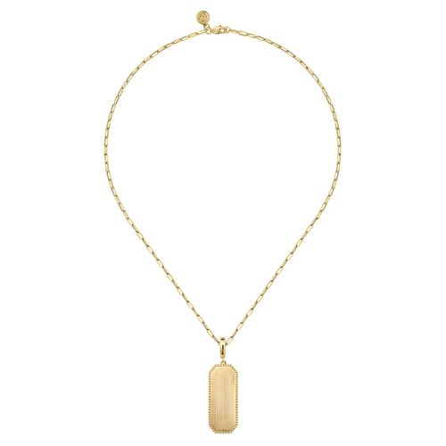 14K Yellow Gold Elongated Dog Tag Pendant Hollow Chain Necklace