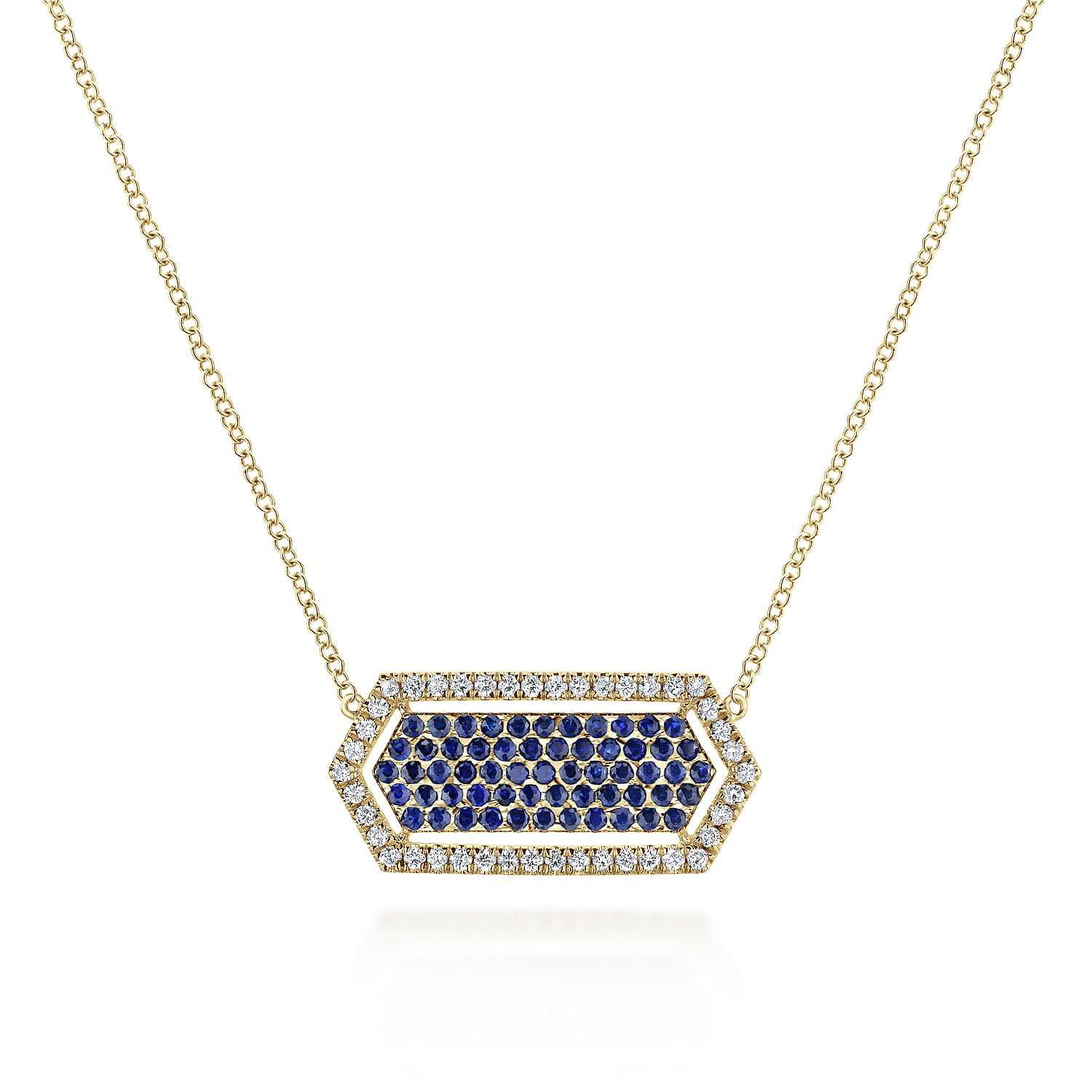 14K Yellow Gold Elongated Hexagonal Diamond and Sapphire Pendant Necklace