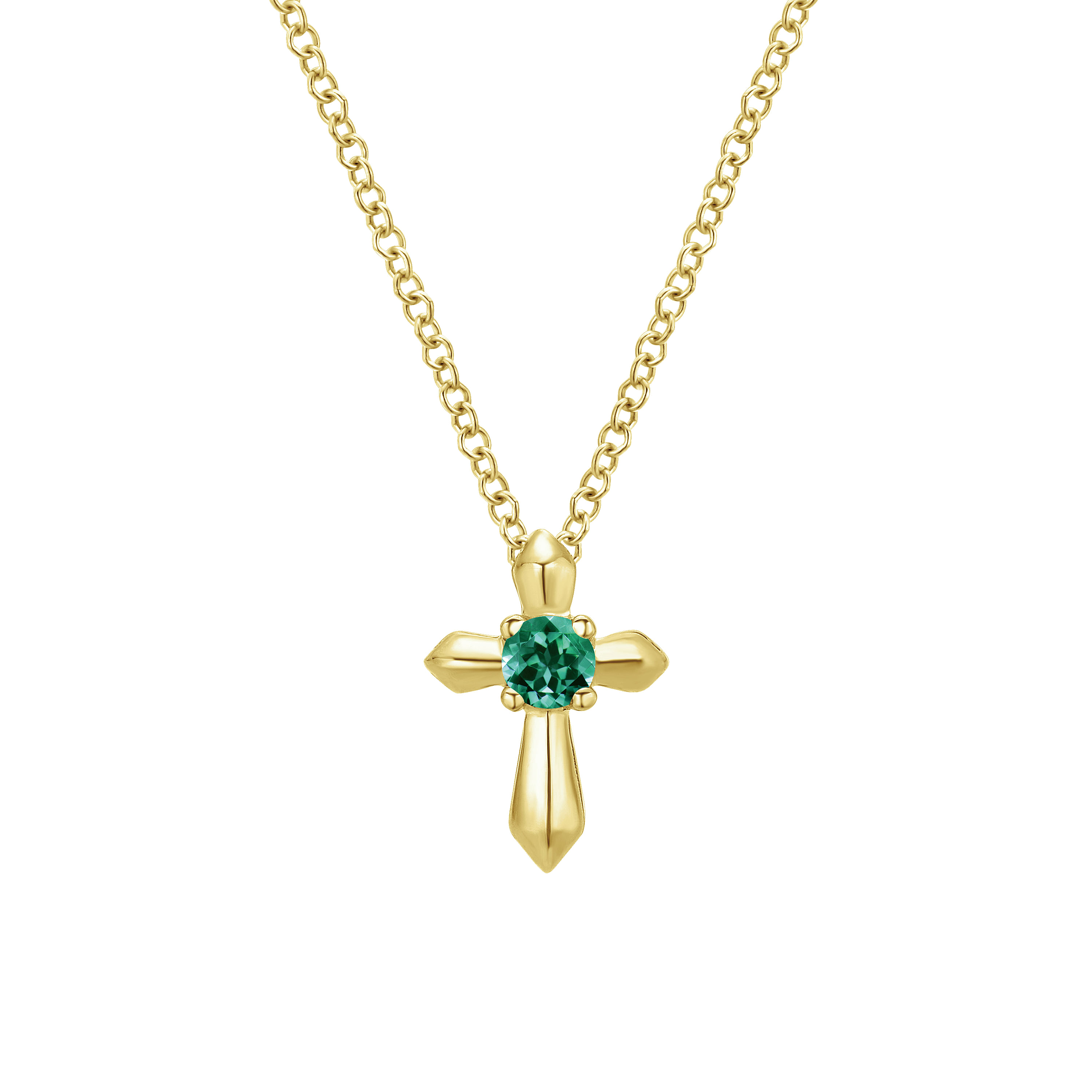 14K Yellow Gold Emerald Cross Pendant Necklace