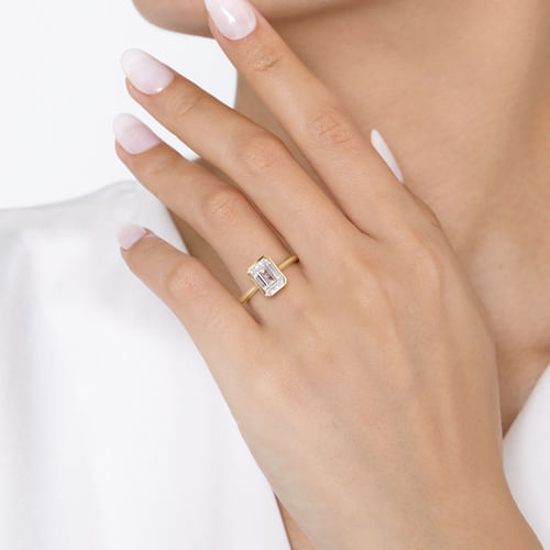 14K Yellow Gold Emerald Cut Bezel Set Solitaire Diamond Engagement Ring
