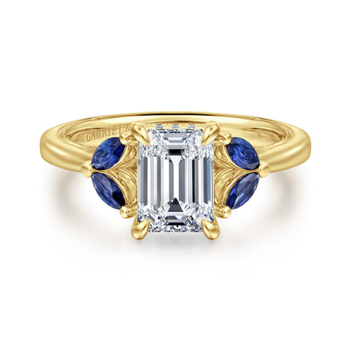 14K Yellow Gold Emerald Cut Diamond and Sapphire Engagement Ring