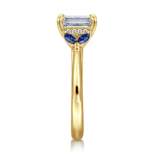 14K Yellow Gold Emerald Cut Diamond and Sapphire Engagement Ring