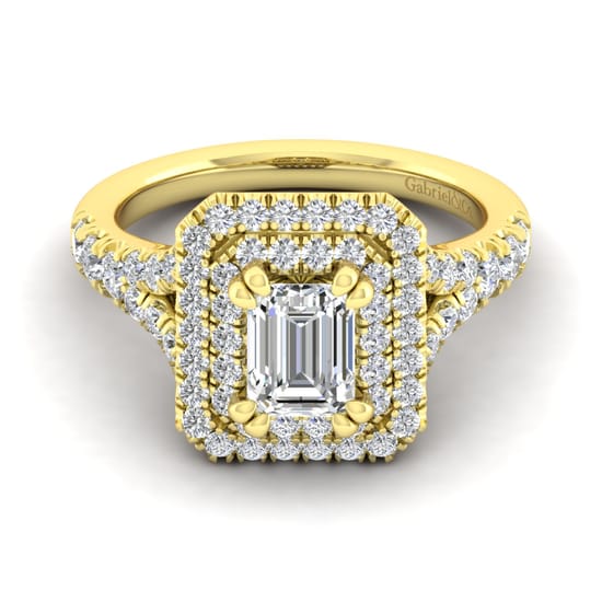 Gabriel - 14K Yellow Gold Emerald Cut Double Halo Diamond Engagement Ring