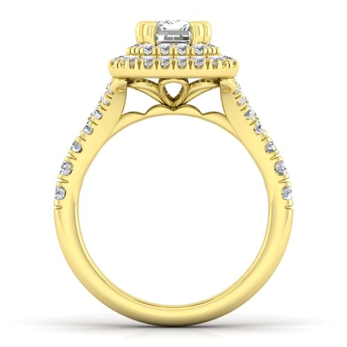 14K Yellow Gold Emerald Cut Double Halo Diamond Engagement Ring