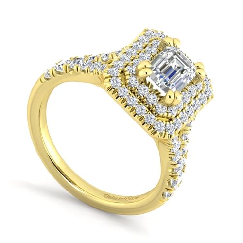 14K Yellow Gold Emerald Cut Double Halo Diamond Engagement Ring