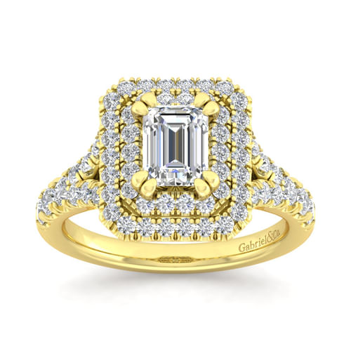 14K Yellow Gold Emerald Cut Double Halo Diamond Engagement Ring