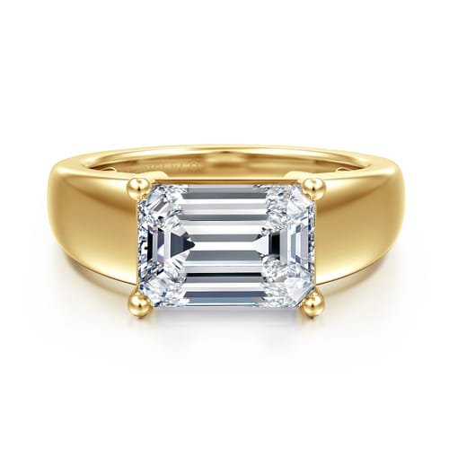 14K Yellow Gold Emerald Cut East West Wide Band Solitaire Diamond Engagement Ring