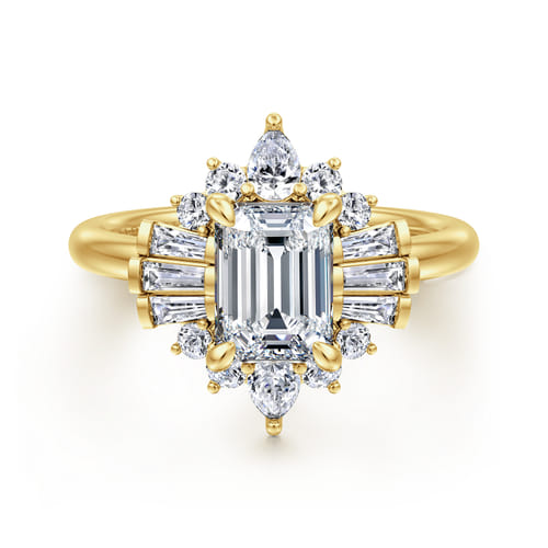 14K Yellow Gold Emerald Cut Halo Diamond Engagement Ring