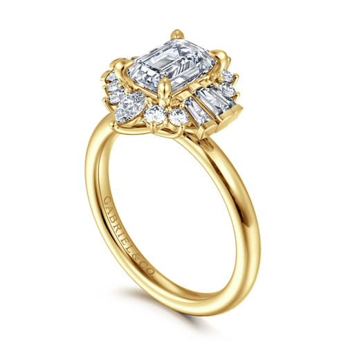 14K Yellow Gold Emerald Cut Halo Diamond Engagement Ring