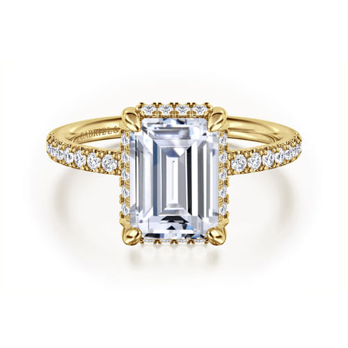 14K Yellow Gold Emerald Cut Hidden Halo Diamond Engagement Ring
