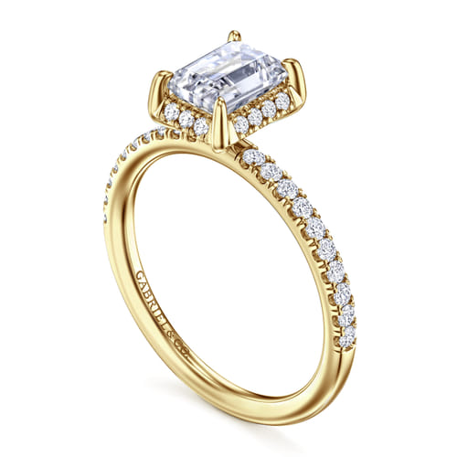 14K Yellow Gold Emerald Cut Hidden Halo Diamond Engagement Ring