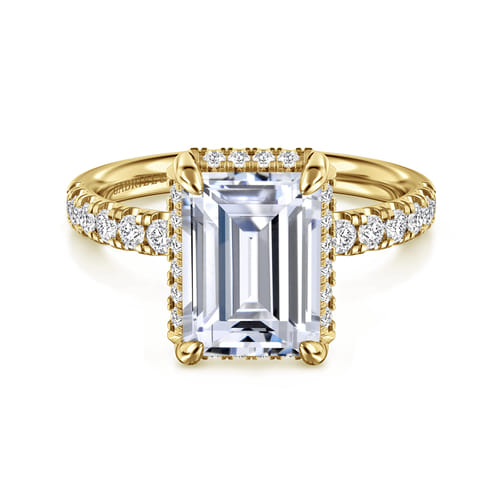 14K Yellow Gold Emerald Cut Hidden Halo Diamond Engagement Ring