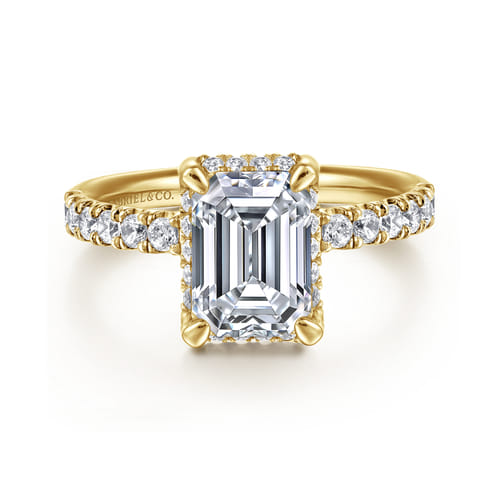 14K Yellow Gold Emerald Cut Hidden Halo Diamond Engagement Ring