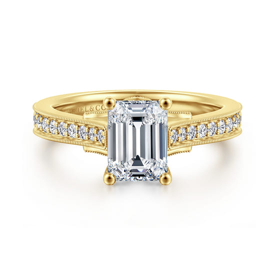 Gabriel - 14K Yellow Gold Emerald Cut Lotus Diamond Engagement Ring