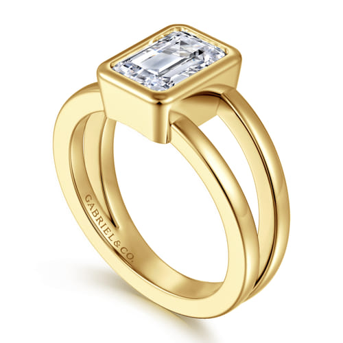 14K Yellow Gold Emerald Cut Split Shank Bezel Solitaire Diamond Engagement Ring